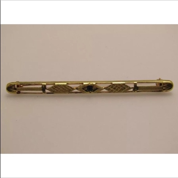 18k Y Gold Vintage Tie Bar lapel Pin W/ sapphire